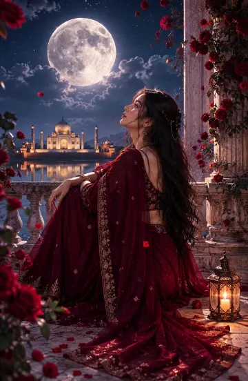 Moonlight Taj Mahal Dream | Girl in Red Saree Under Full Moon Romantic Wallpaper
