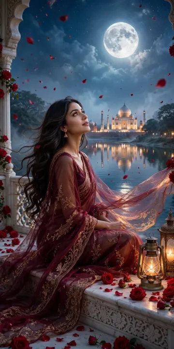 Romantic Sheer Saree Moonlight Taj Mahal Wallpaper | Red Roses Dreamy Night 4K