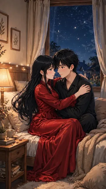 Red Dress Couple Cuddling in Cozy Bedroom at Night | Anime Romantic Wallpaper 9:16