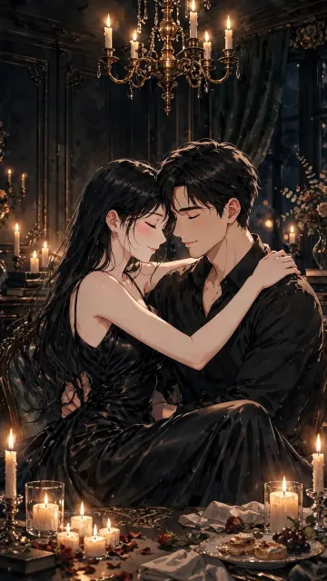Black Dress Couple Candle Light Dinner Romance | Dark Aesthetic Anime Wallpaper 9:16