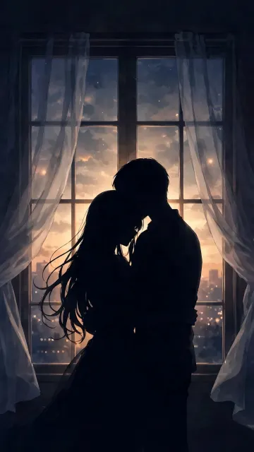 Silhouette Couple Hugging at Sunset Window | Romantic Anime Wallpaper 9:16