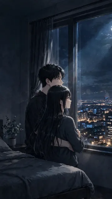 Couple Back Hugging at Night City Window | Dark Anime Wallpaper 9:16