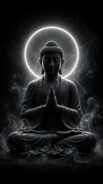 Black Buddha Meditating with Glowing Halo Ring | Dark Spiritual 4K Mobile Wallpaper 9:16