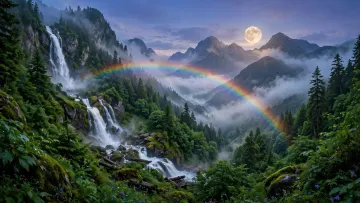 Mountain Forest Waterfall Rainbow Moon Wallpaper 4K - Magical Nature Desktop