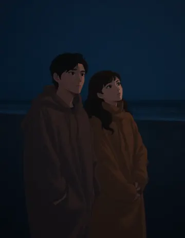 Anime Couple stand in beach
