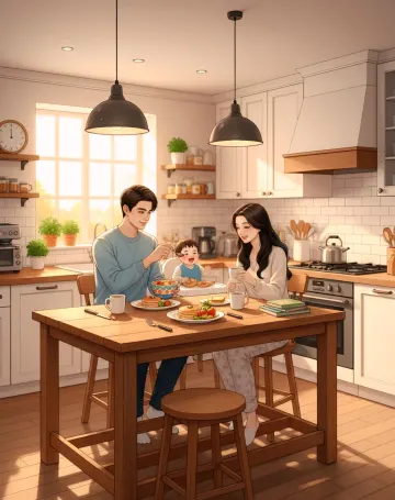 family-breakfast-pancakes-kitchen-happy