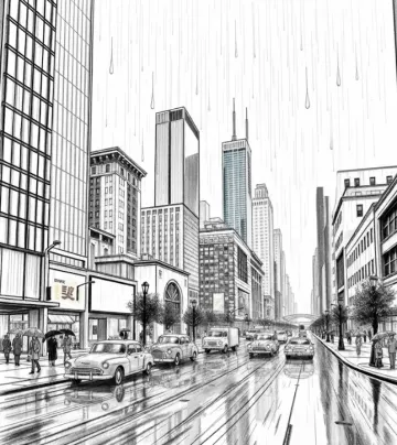 Monochrome_City_Rain_Street_View_Vintage_Cars