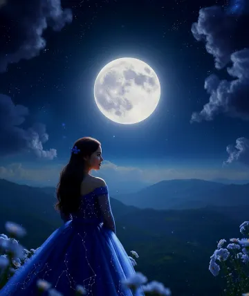 woman-full-moon-starry-sky-mountain-landscape