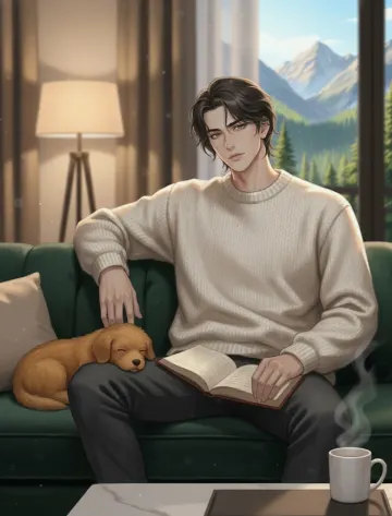 cozy-man-sweater-puppy-reading-mountain-view
