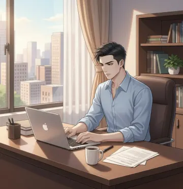 man-working-laptop-office-city-view