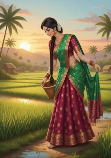 south-indian-woman-saree-rice-paddy-field-sunset
