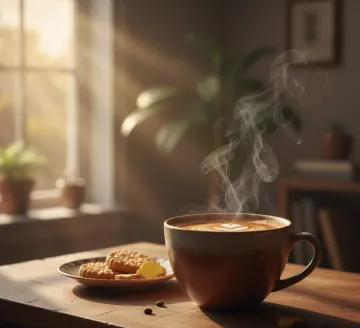 steaming-coffee-latte-morning-sunlight-biscuits