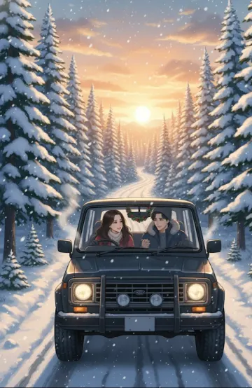 winter-road-trip-couple-snowy-forest-sunset