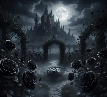 gothic-castle-black-roses-full-moon-garden