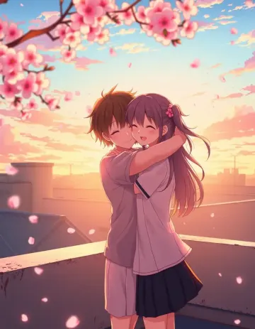 Anime boy and girl hugging