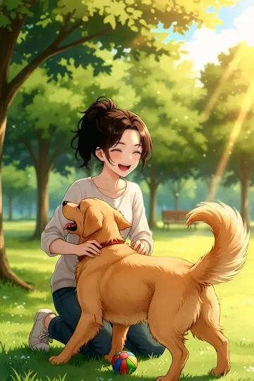 woman-petting-golden-retriever-park-sunny-day