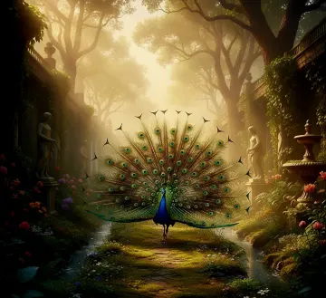 Majestic-Peacock-Display-in-Misty-Enchanted-Garden