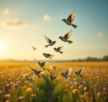 Sparrows-Flying-Over-Wildflower-Meadow-Sunset