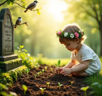 child-planting-seedlings-cemetery-sunlight-hope