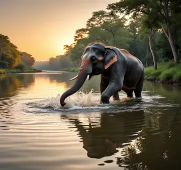asian-elephant-wading-river-sunset-jungle