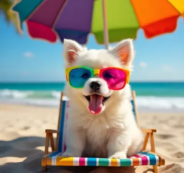 fluffy-white-dog-sunglasses-beach-chair-umbrella