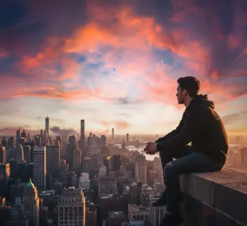 man-rooftop-city-sunset