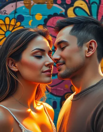 Couple kissing vibrant street