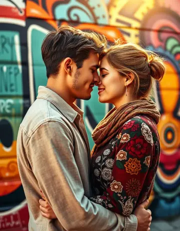 Couple kissing in front of a wall