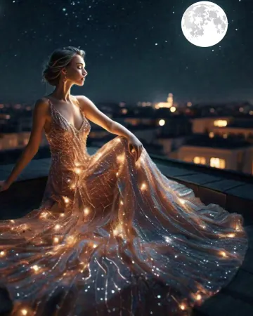 woman-star-glowing-dress-rooftop-moon-night