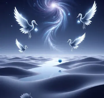 Celestial White Cranes Over Mystical Desert Landscape