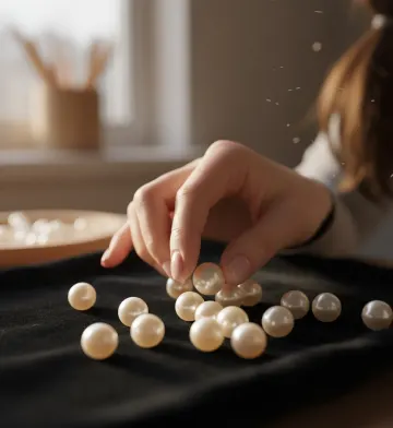 woman's hand picking up natural pearls