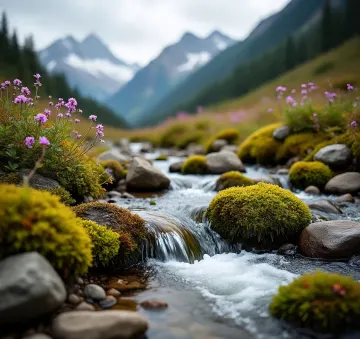 Alpine Mountain Stream with Mossy Rocks and Wildflowers