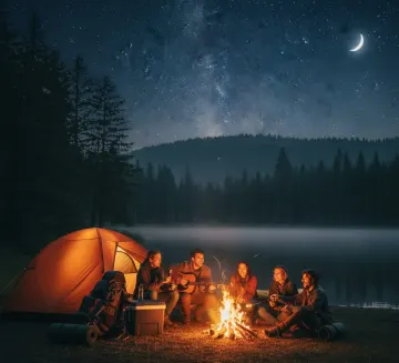 Campfire by the Lake with Friends