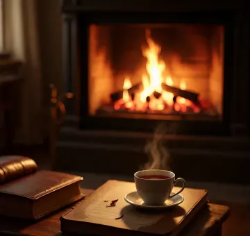 Cozy Fireplace Reading with Tea and Books