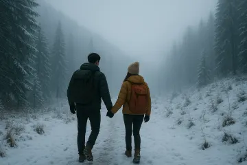Couple Walking in Snowy Forest Path