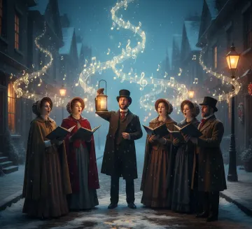 Victorian Christmas Carolers in Snowy Street