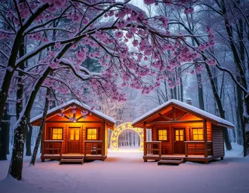 Snowlit Cabin Under Cherry Blossoms