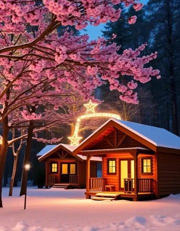 Wooden cabins glowing