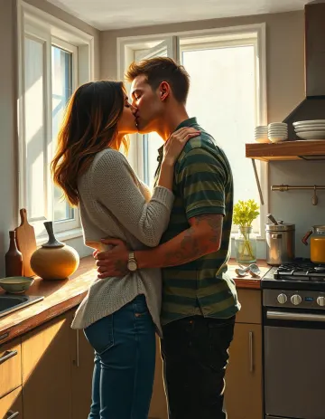 Couple hugging and kissing playfully