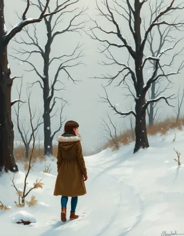 Sad winter wallpaper of a lonely girl walking in snow