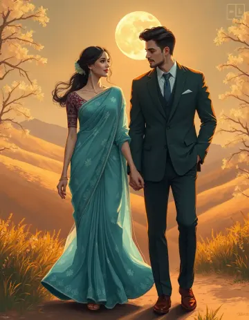 Romantic blue saree couple moonlight