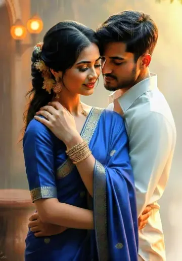 Romantic Blue Saree Couple Starry Night Wallpaper