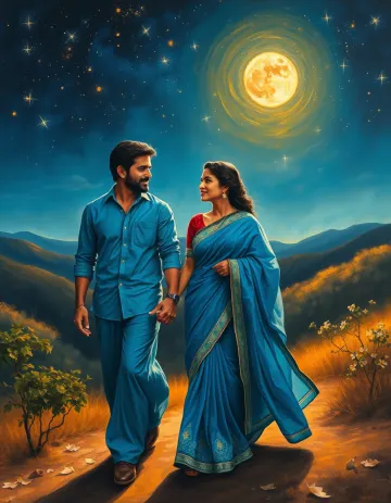Romantic Blue Saree Couple Starry Night Wallpaper