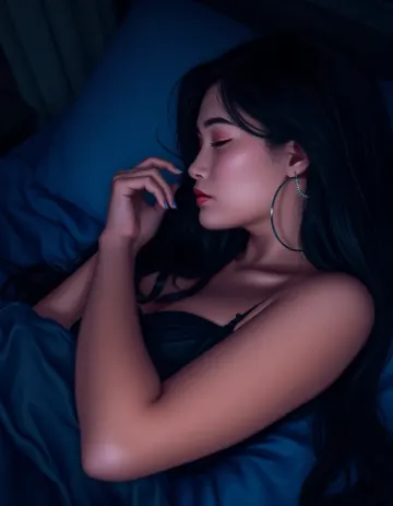 A woman with long, flowing dark hair lies on a bed