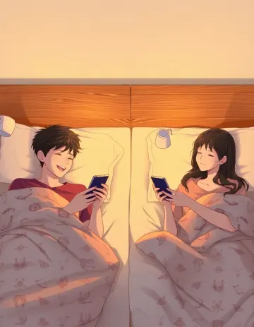 Couple using phone on bed sof light