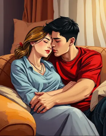 A woman and a man are depicted in a close embrace