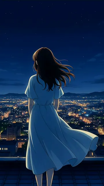 Beautiful Girl in Blue Dress Looking at City Lights - Anime Art 