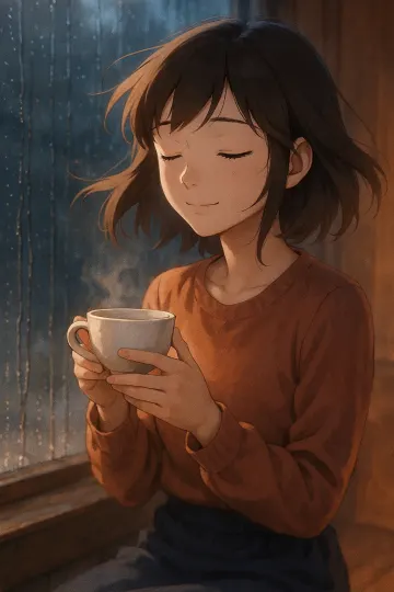 Young anime woman sitting near window