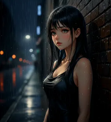 Emotional Anime Girl in Heavy Rain 