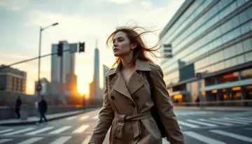 Stylish woman crossing street wearing